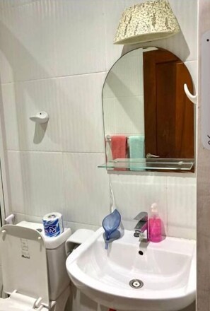 Shower, towels, soap, toilet paper