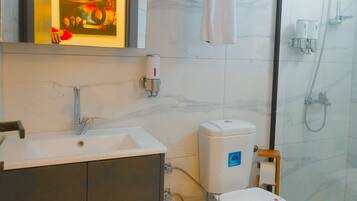A modern bathroom with a marble sink, a toilet, and a glass-enclosed shower.
