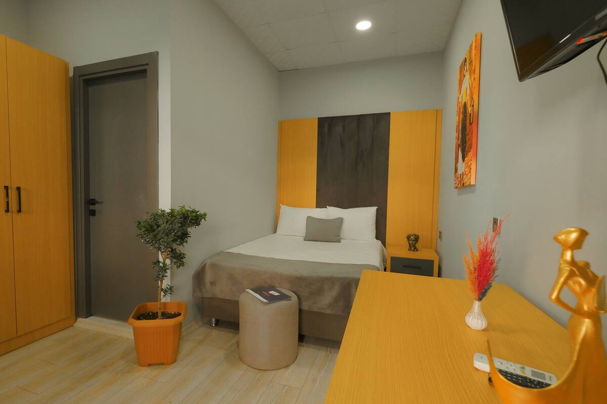 A bedroom with a bed, a desk, a wardrobe, a potted plant, and a TV on the wall.