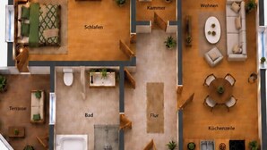 A floor plan of a hotel with labeled rooms including a bedroom, bathroom, living room, kitchen, and terrace.