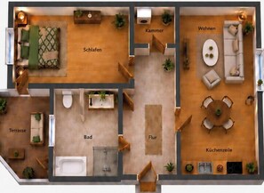 Un plan d’étage d’un hôtel indiquant les différentes pièces, notamment une chambre, une salle de bain, un salon, une cuisine et une terrasse.