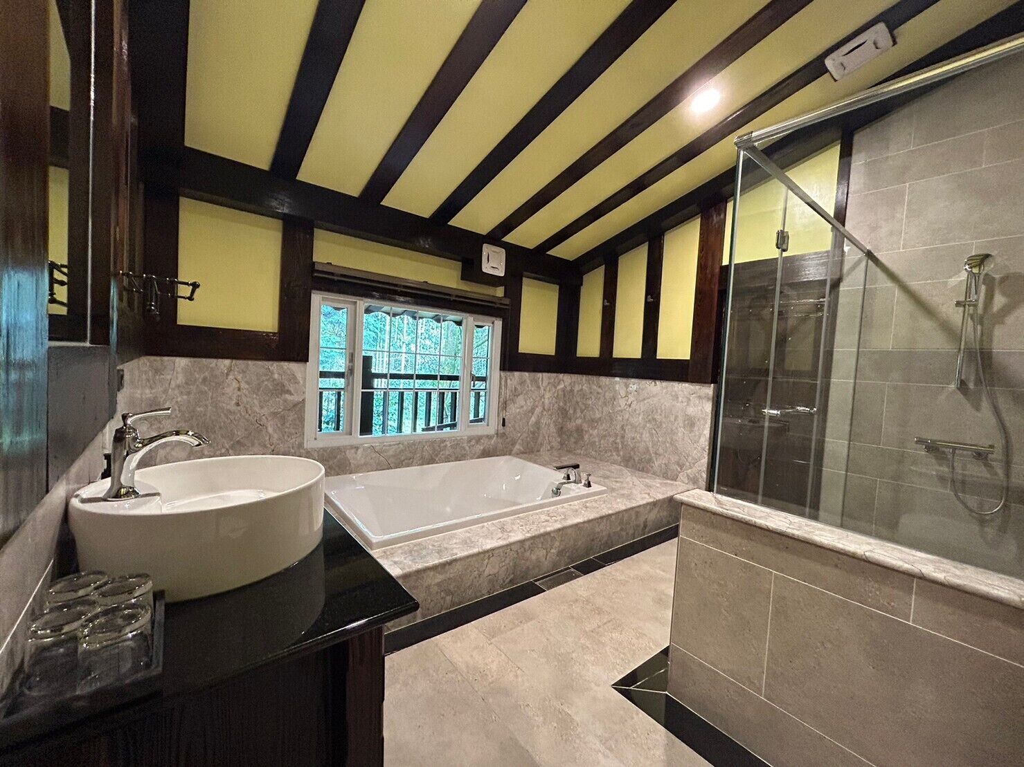 A bathroom with a large bathtub, two sinks, and a glass-enclosed shower area.
