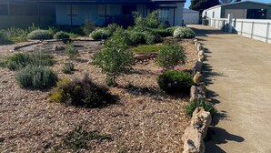 A residential area with a house featuring a solar panel roof, a garden with various plants and a stone pathway, and a concrete driveway. - Hooked on Hardwicke - Short walk to the beach!  Off Peak special! (Hardwicke Bay)