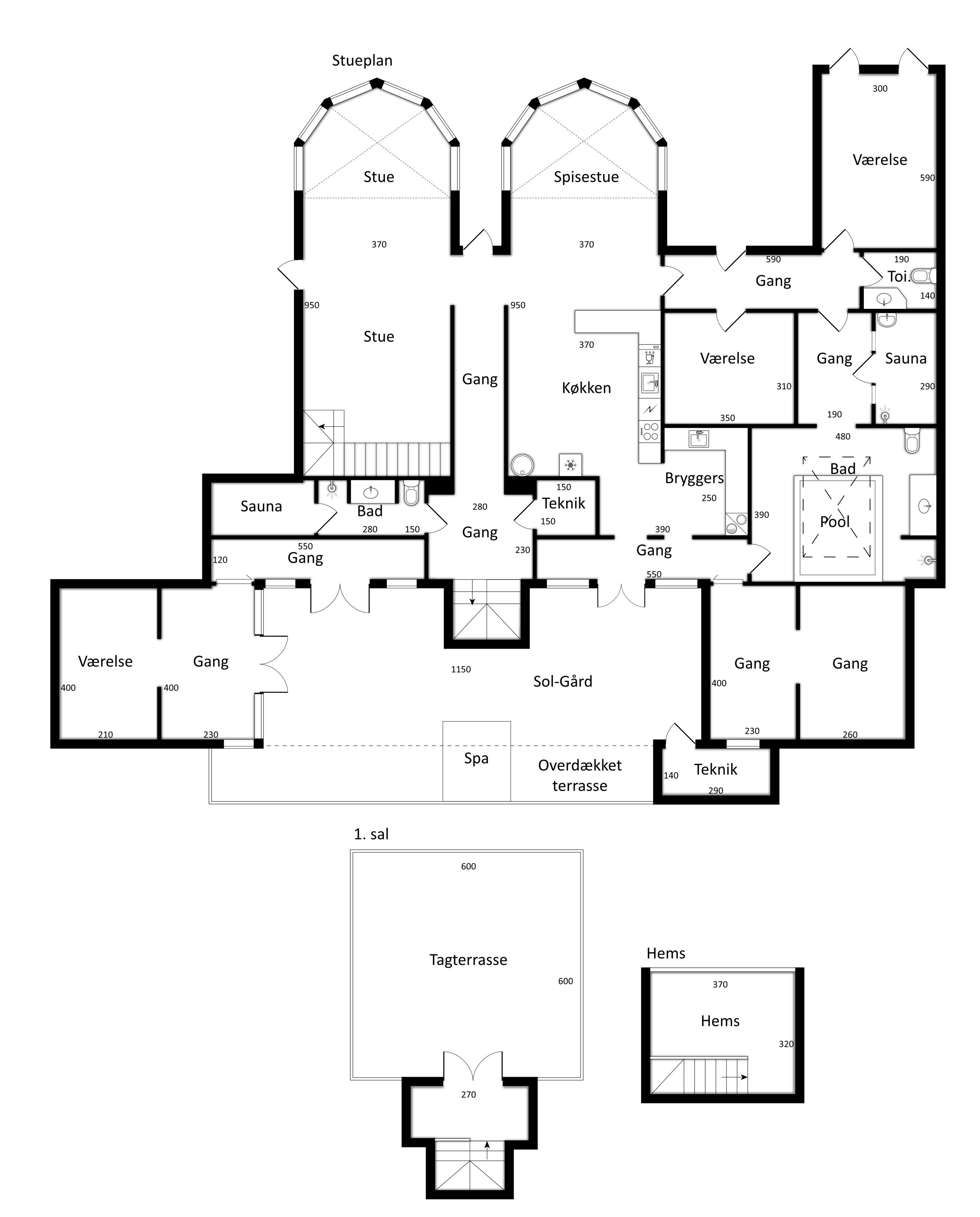 Un plan détaillé des différents étages d’un hôtel comprenant de nombreuses chambres, ainsi qu’un sauna, un espace spa et une piscine.