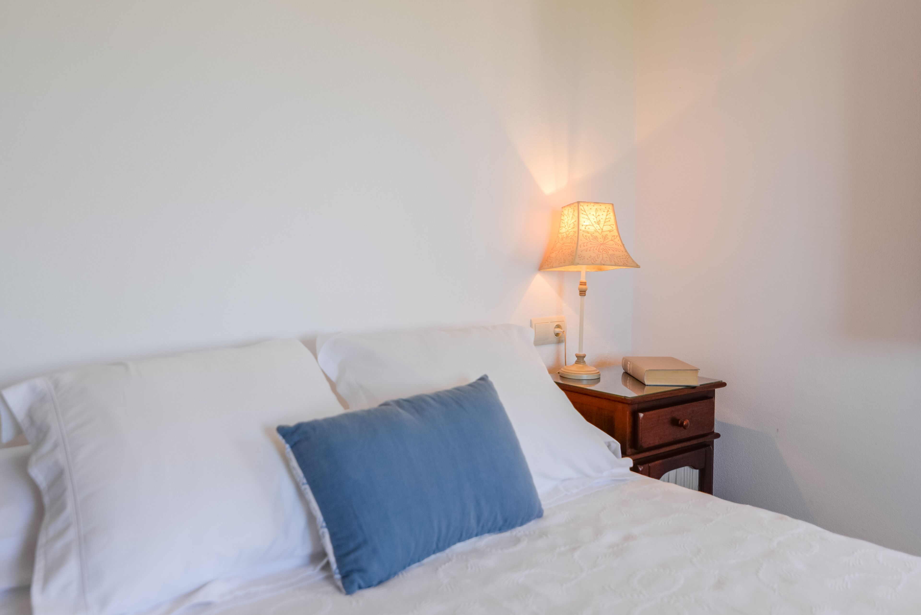 A neatly made bed with white and blue pillows, a bedside lamp, and a small wooden nightstand with a book.