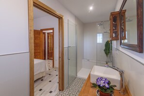 Shower, hair dryer, bidet, towels