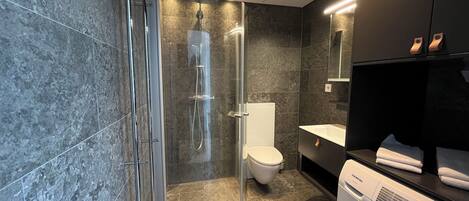A modern bathroom with a glass-enclosed shower, a toilet, a sink, and a washing machine.