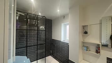 Apartment, 1 Queen Bed | Bathroom | Shower, hair dryer, towels