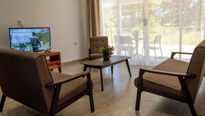 Un salón con dos sillones marrones, una mesa de centro de madera y un televisor sobre un mueble.