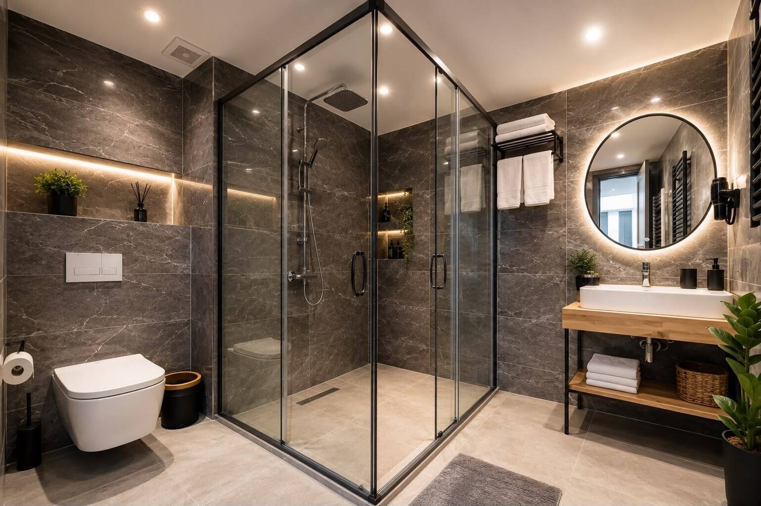 Een douche, een regendouche, gratis toiletartikelen, een haardroger