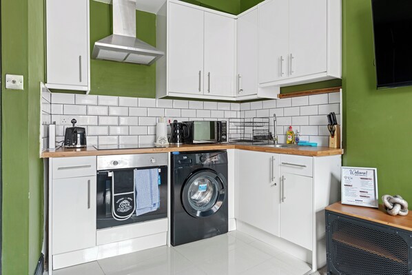 Fridge, microwave, oven, electric kettle