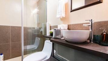 Shower, hair dryer, towels, shampoo