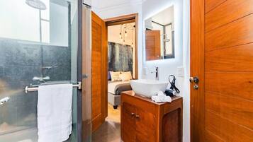 Shower, hair dryer, towels, shampoo
