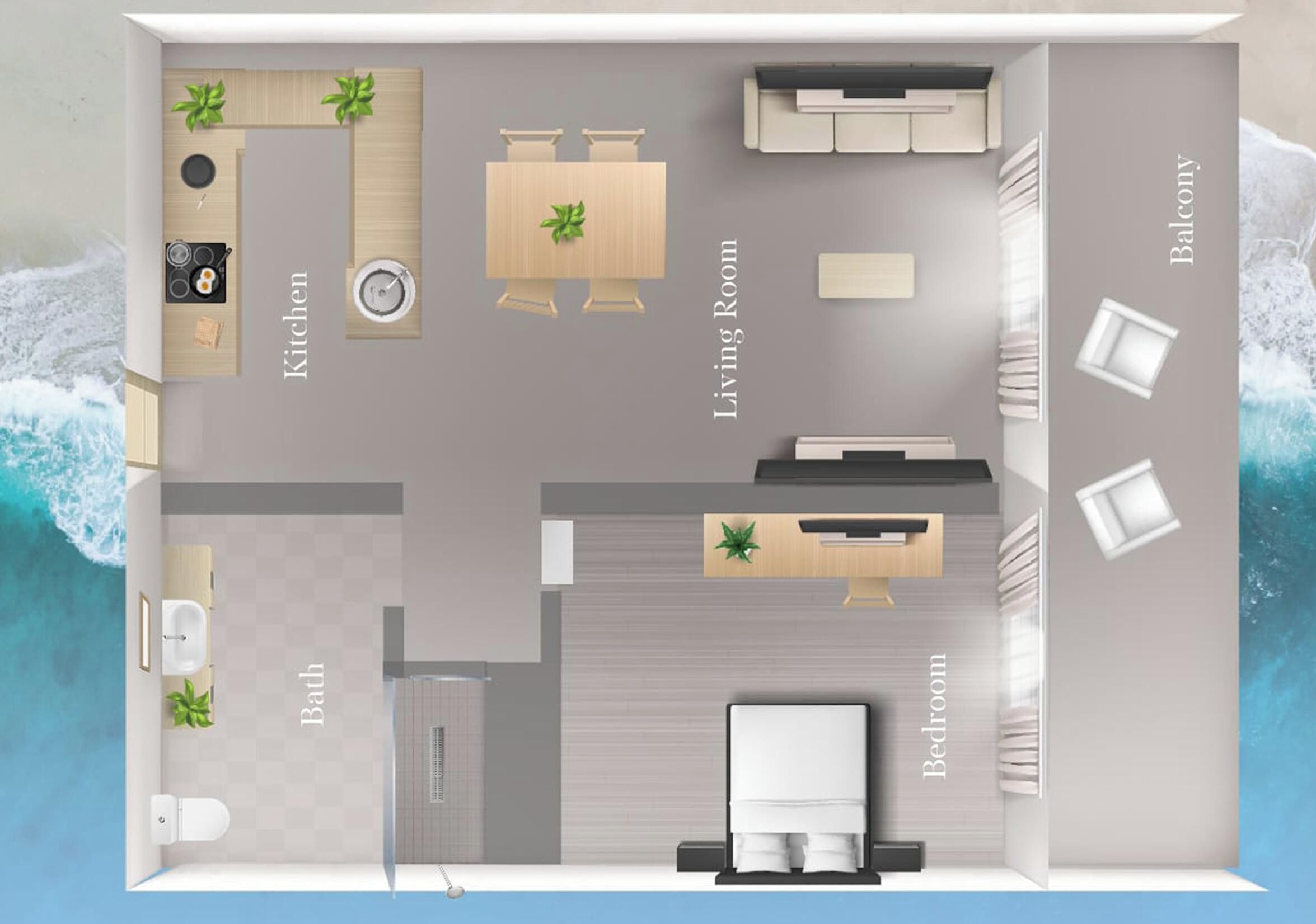 A floor plan of a hotel room with a kitchen, living room, bathroom, and balcony.