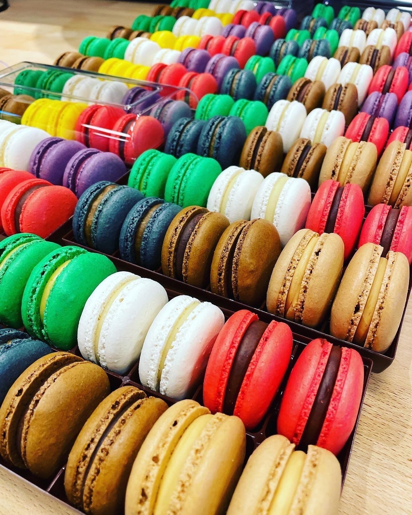 A display of colorful macarons arranged in rows.