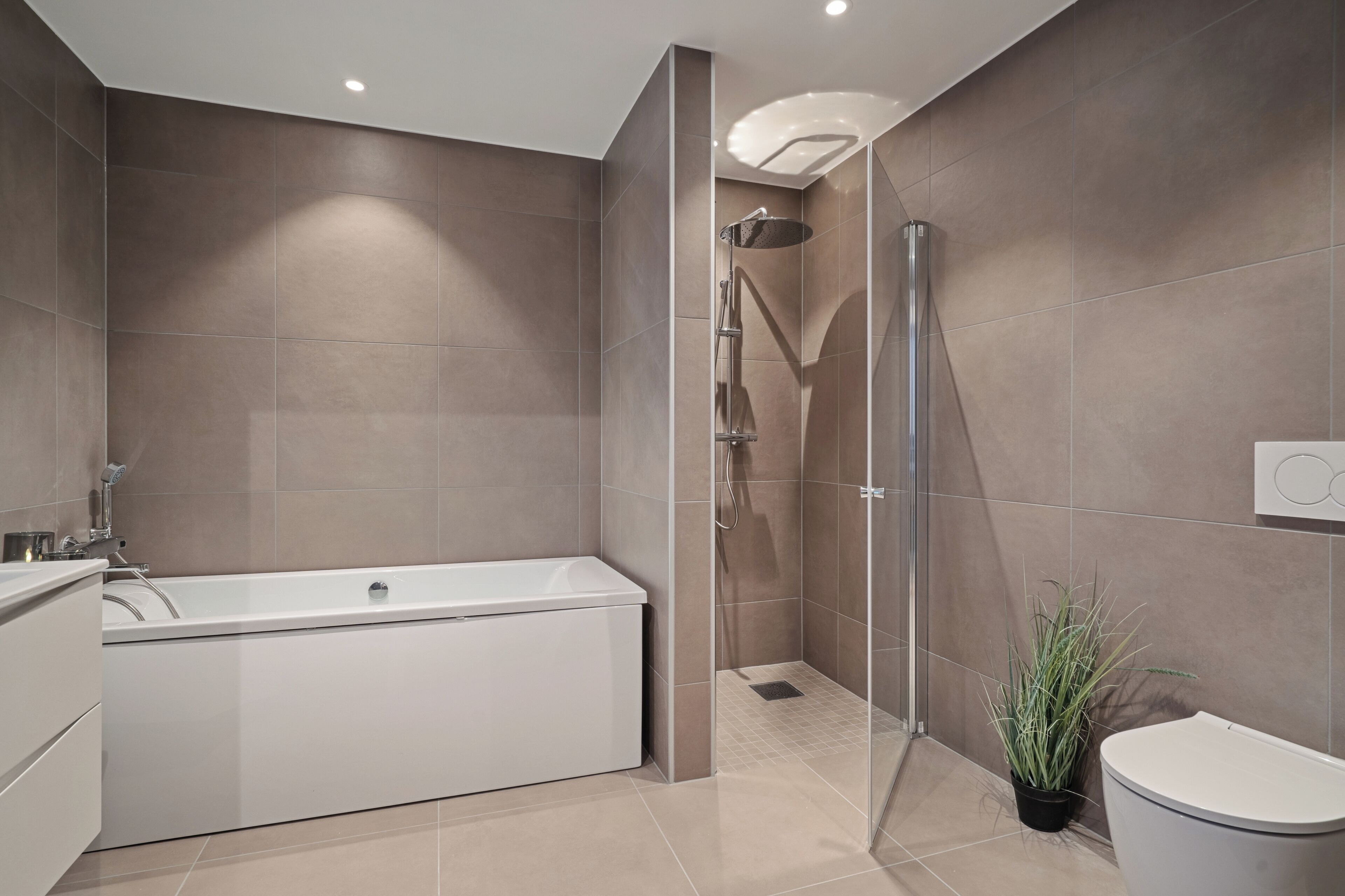 Une salle de bain moderne équipée d’une baignoire, d’une douche et de toilettes.