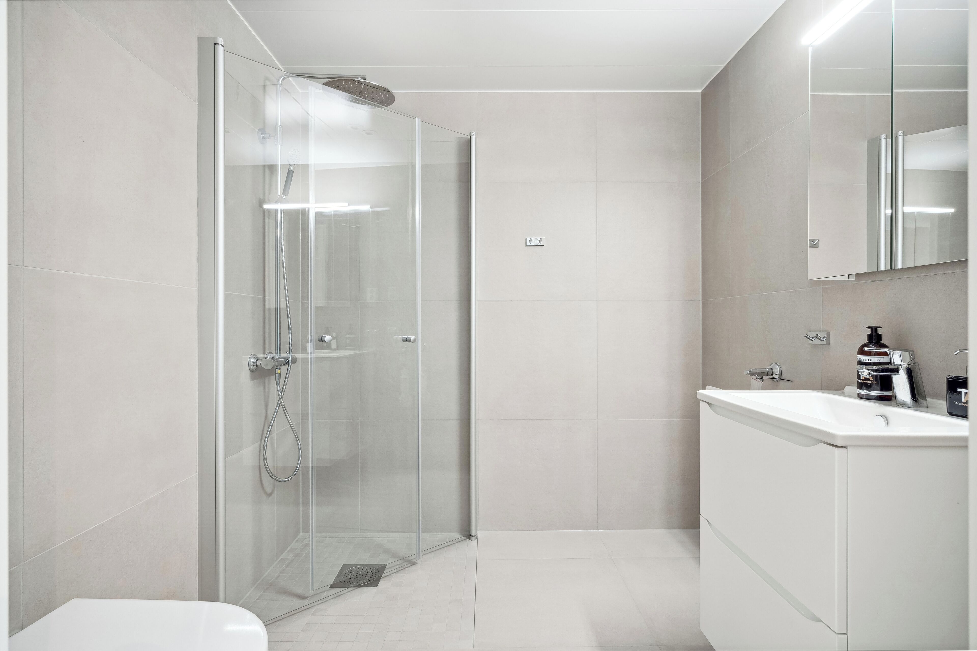 Un baño moderno con ducha de vidrio, un lavamanos blanco y un espejo grande.