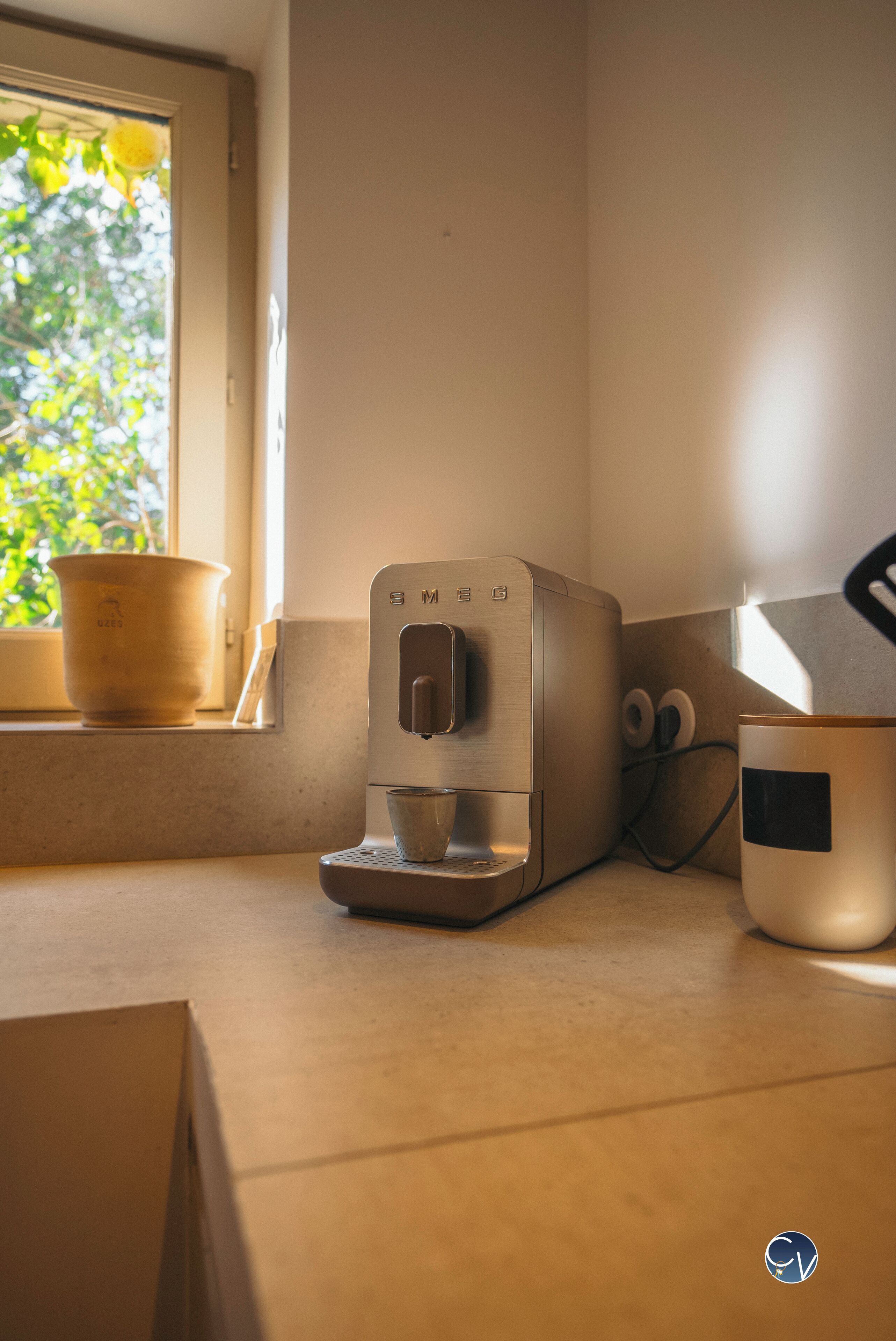 A kitchen with a coffee maker, a potted plant, and a window with a view of greenery.