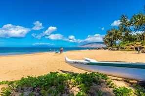 A beach with a boat, palm trees, and a clear sky. - Pacific Shores B113 2 Bedroom Condo (Kihei)