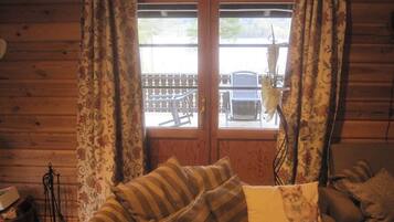 TV connectée, cheminée, lecteur de DVD, livres