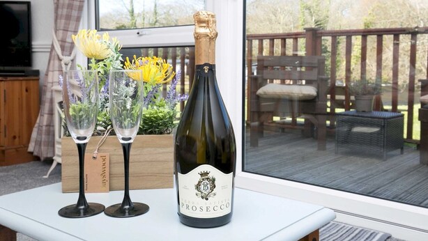 Una botella de Terra Botanica Prosecco sobre una mesa con dos copas de vino y un arreglo floral.