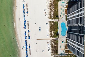 Vista aérea de um hotel à beira-mar, com piscina, guarda-sóis e um edifício de fachada curva.
