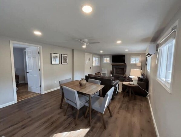 Smart TV, fireplace, DVD player, video library