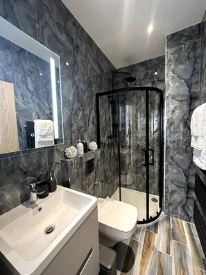 Shower, hair dryer, towels, soap