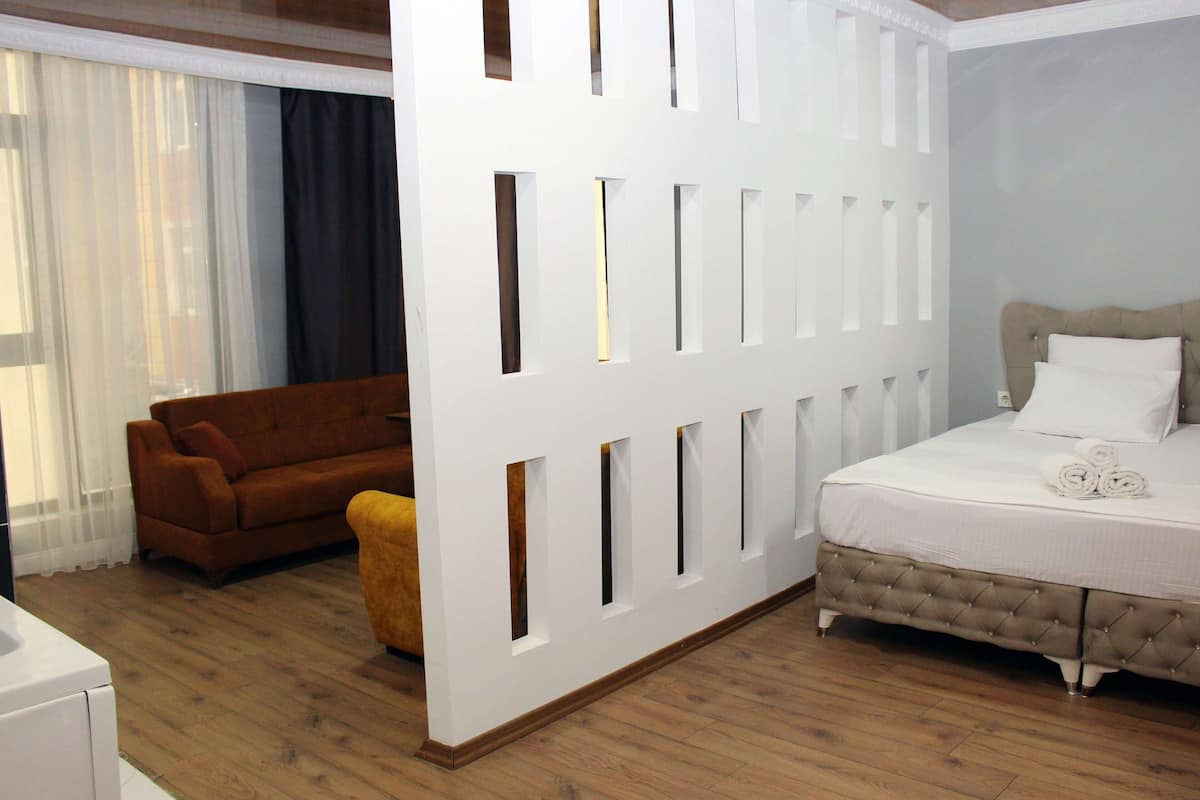 A hotel room with a bed, a sofa, and a partition with cut-out windows.