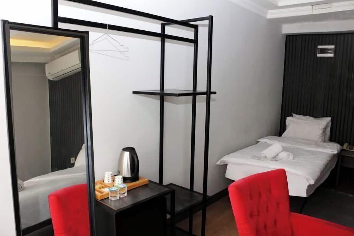 Minibar, desk, laptop workspace, blackout drapes