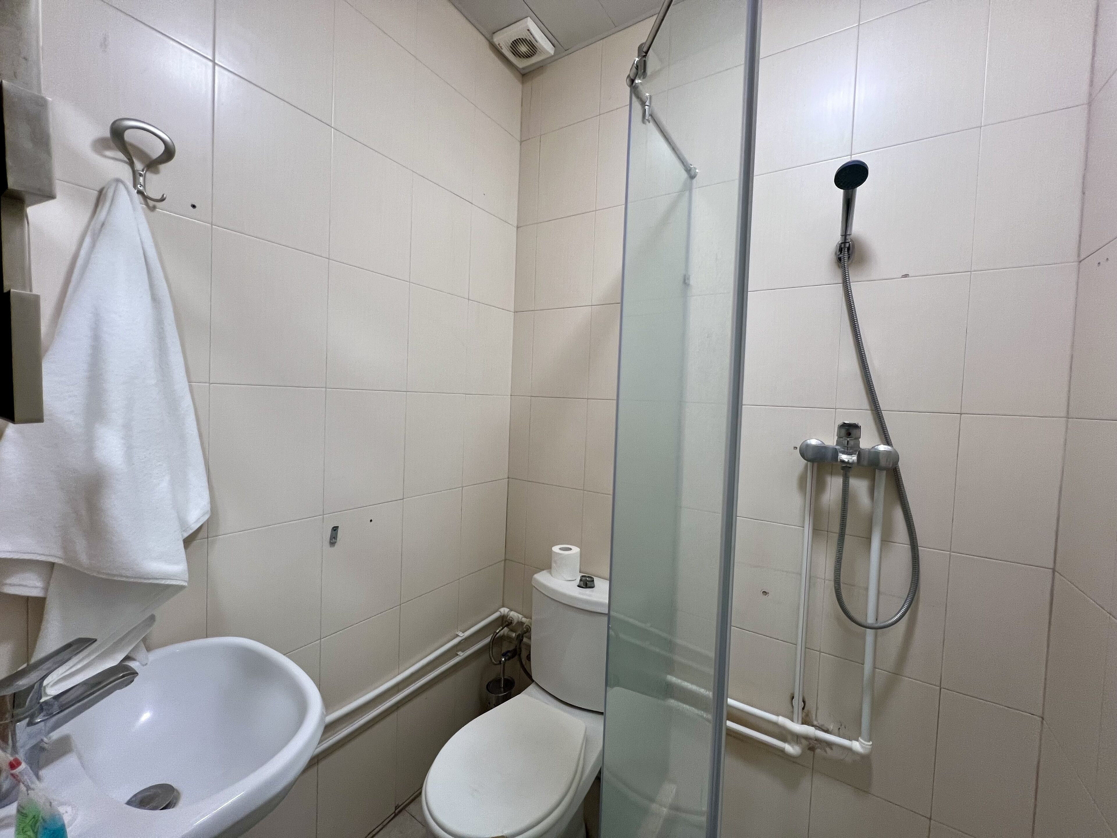 A bathroom with a sink, toilet, and glass-enclosed shower stall.