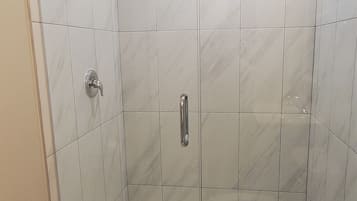 Une salle de bain avec douche, toilettes et carrelage au sol.