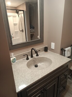 Shower, towels, soap, shampoo - Basement Apartment, Outdoor Hot Tub add on, infrared Sauna, Pool Table and more (Lansing)