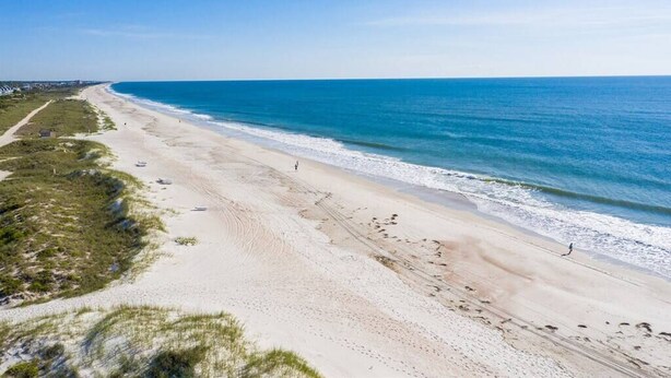 A beach with a clear sky, sandy shore, and a few people walking.