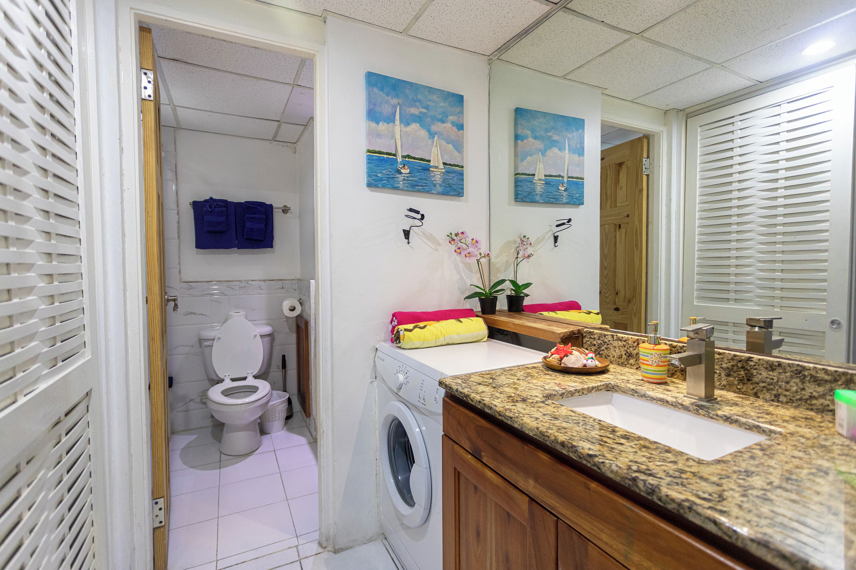 Un bagno con lavatrice, WC, lavabo e specchio.