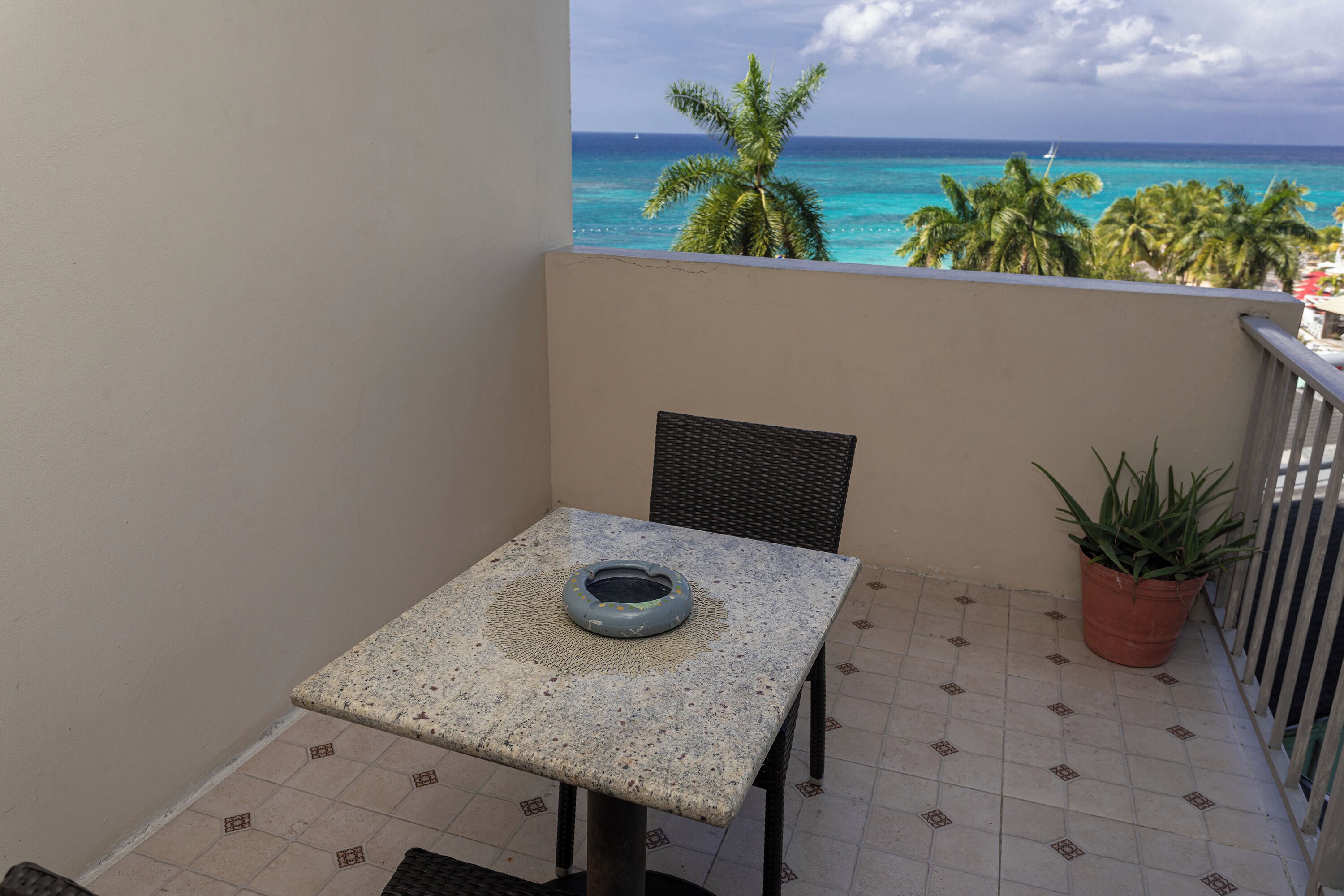 A balcony with a table and chair, a potted plant, and a view of the ocean and palm trees.