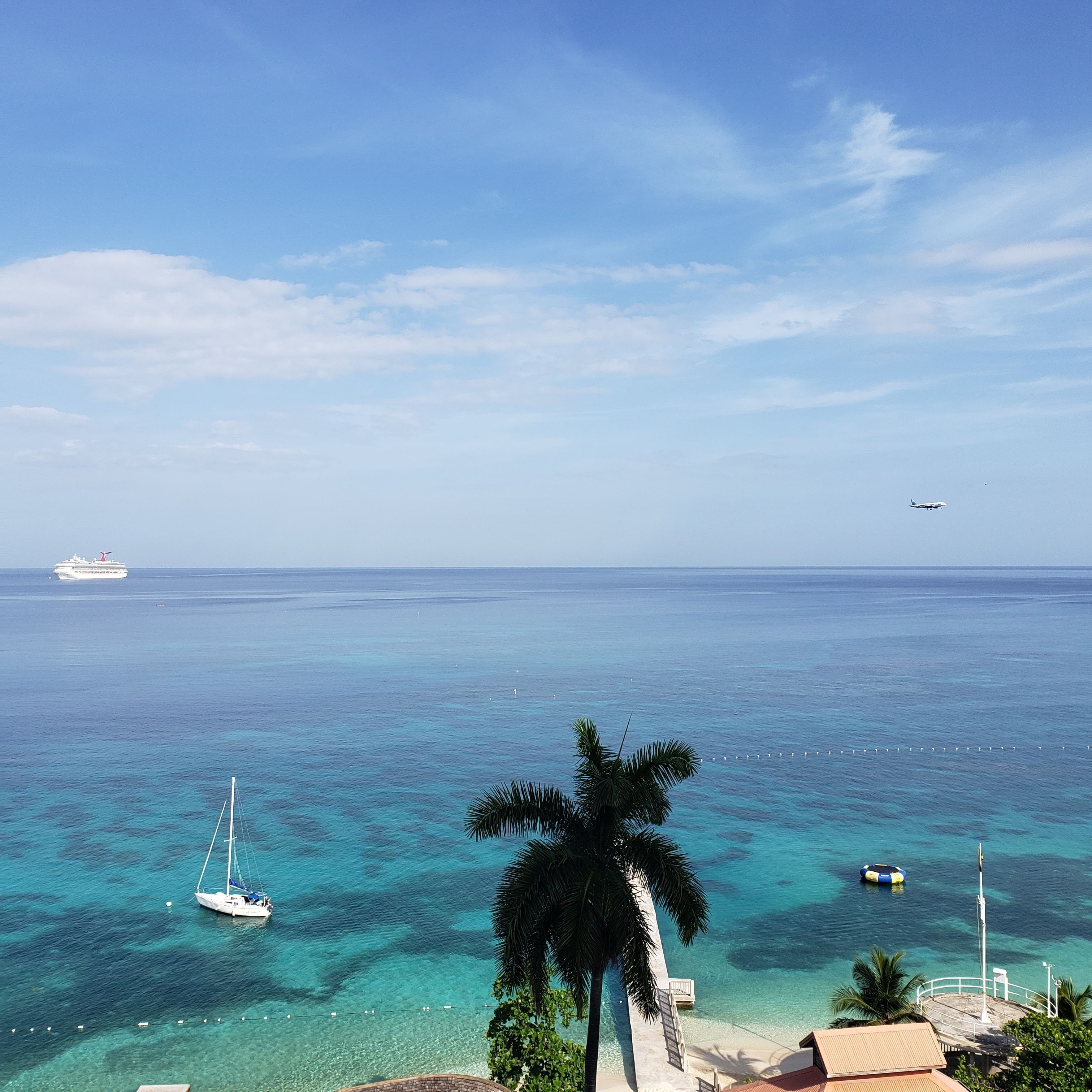 A coastal view with a clear sky, a sailboat, a cruise ship, and a beach with a palm tree.