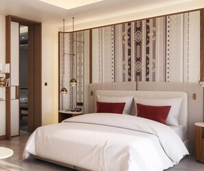 Quarto de hotel moderno com uma cama grande, uma mesinha de cabeceira, um espelho e um papel de parede estampado.