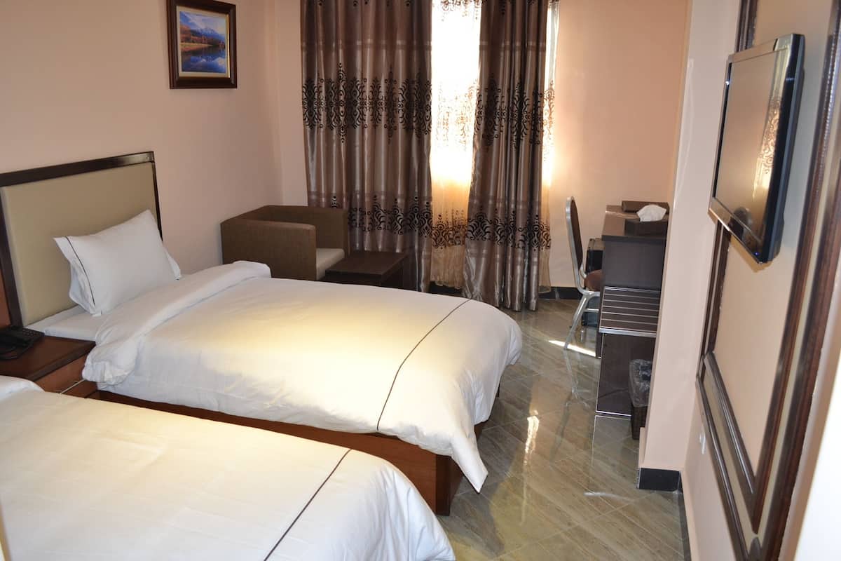 A hotel room with two beds, a desk, a chair, a TV, and curtains.