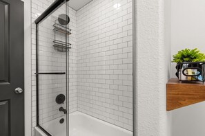 Hair dryer, towels, soap, shampoo