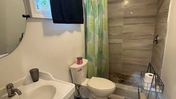 A bathroom with a sink, toilet, and shower.