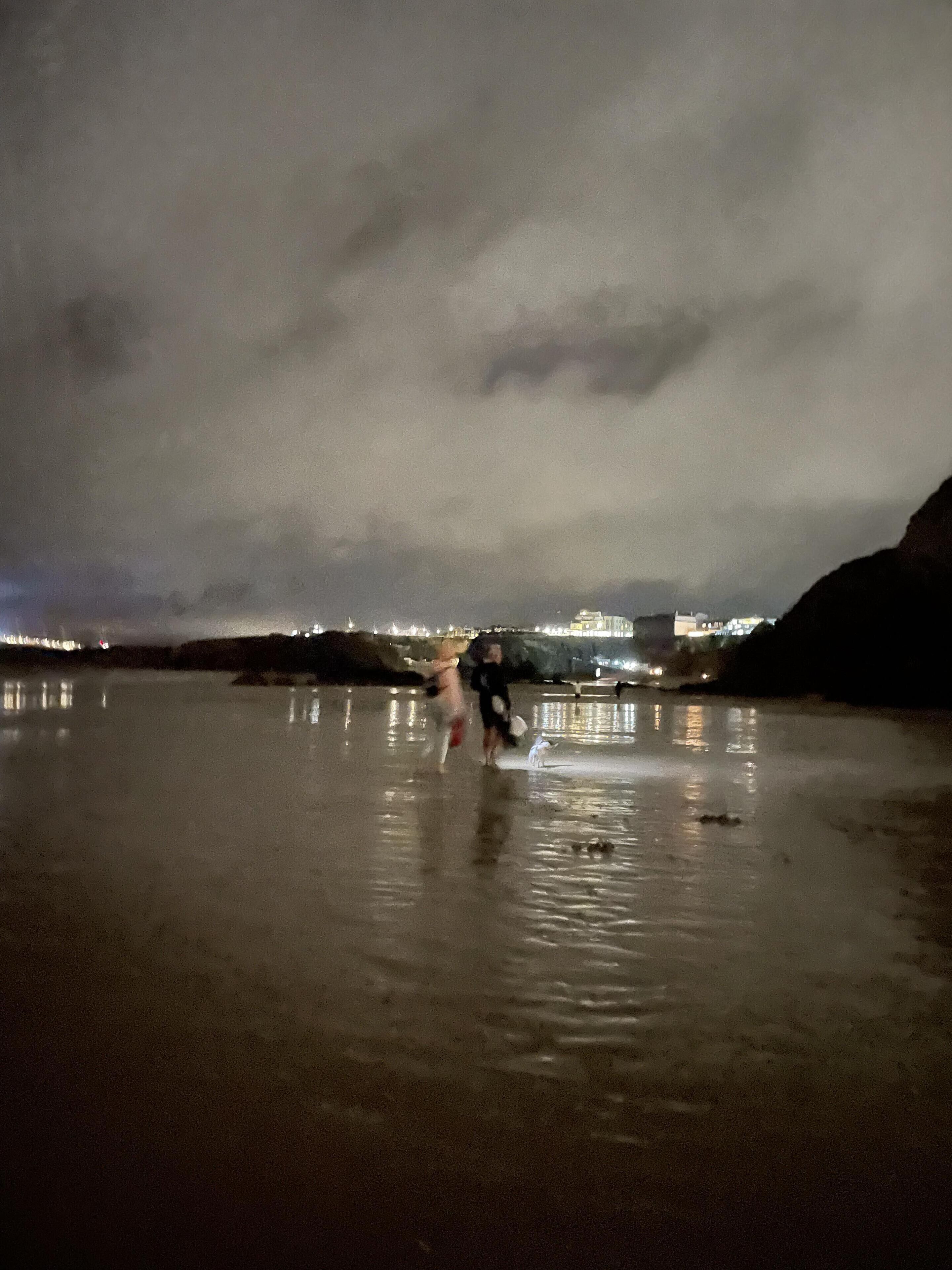 A nighttime beach scene with calm waters reflecting city lights.