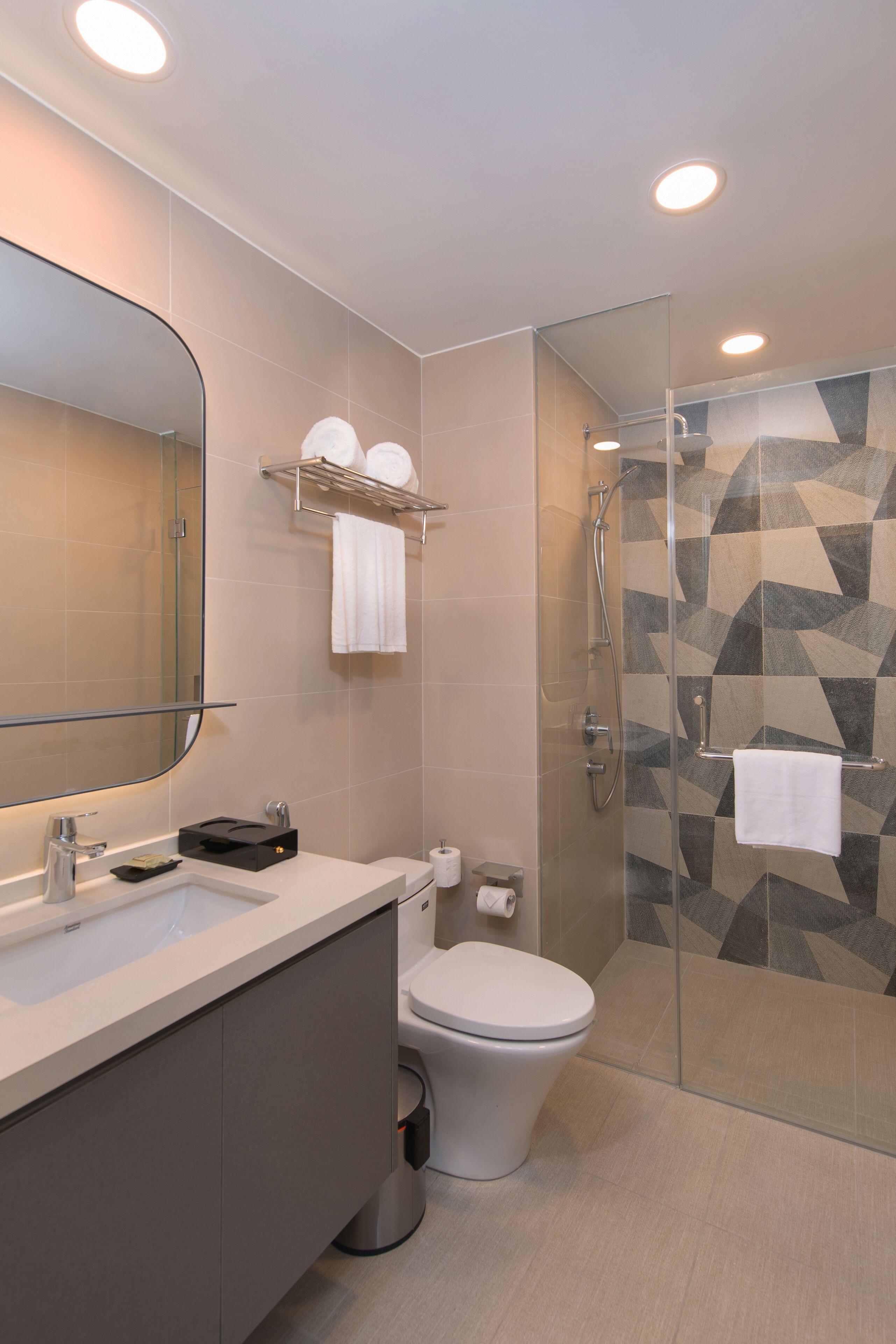 A modern bathroom with a glass-enclosed shower, a white toilet, a sink with a mirror, and a towel rack.