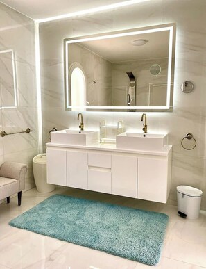 Shower, hair dryer, bidet, towels