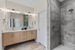 Hair dryer, towels, soap, shampoo