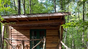Una cabaña de madera con una terraza de madera que conduce a una puerta verde, rodeada de árboles.