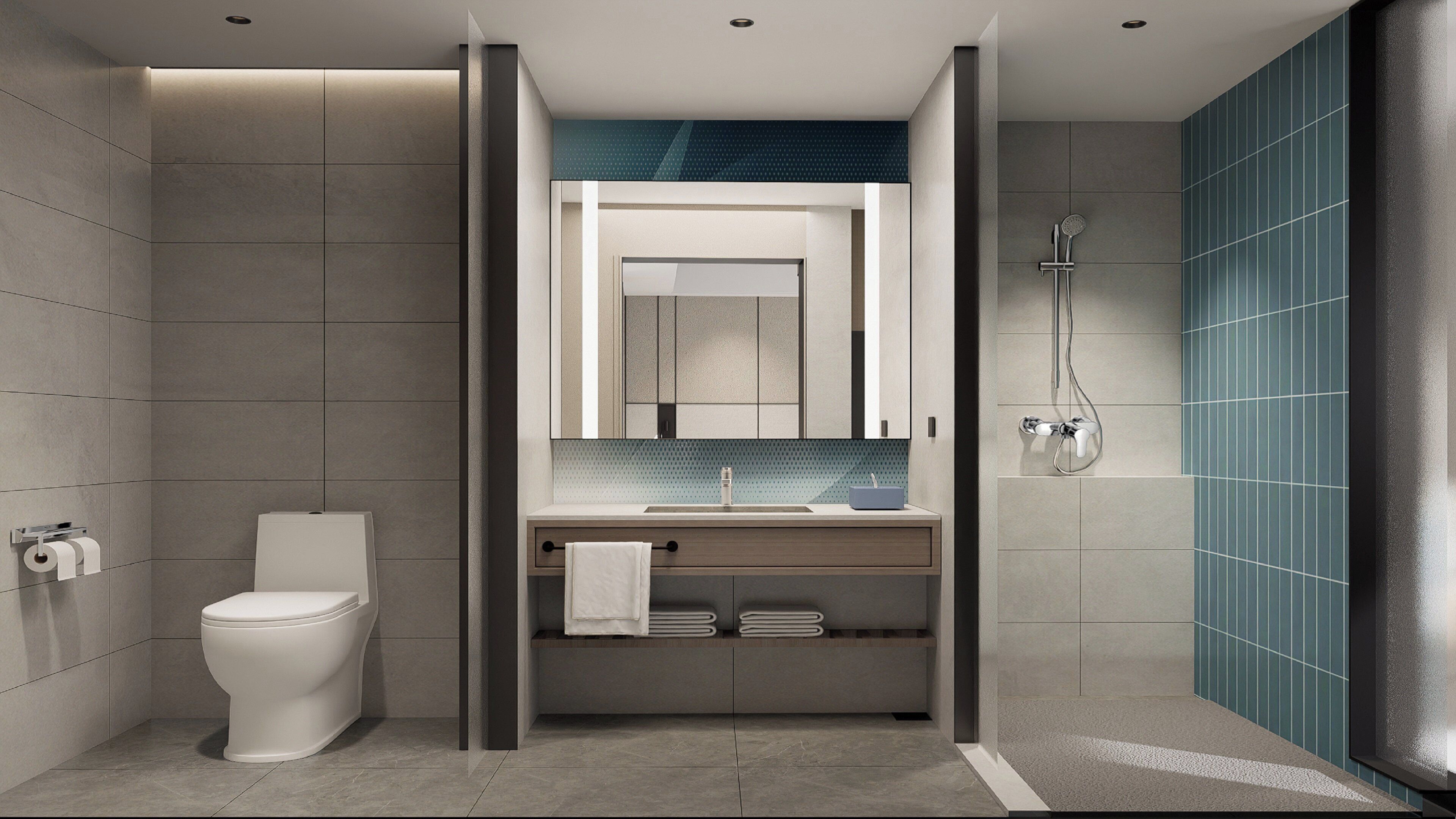 A modern bathroom with a toilet, sink, and shower.