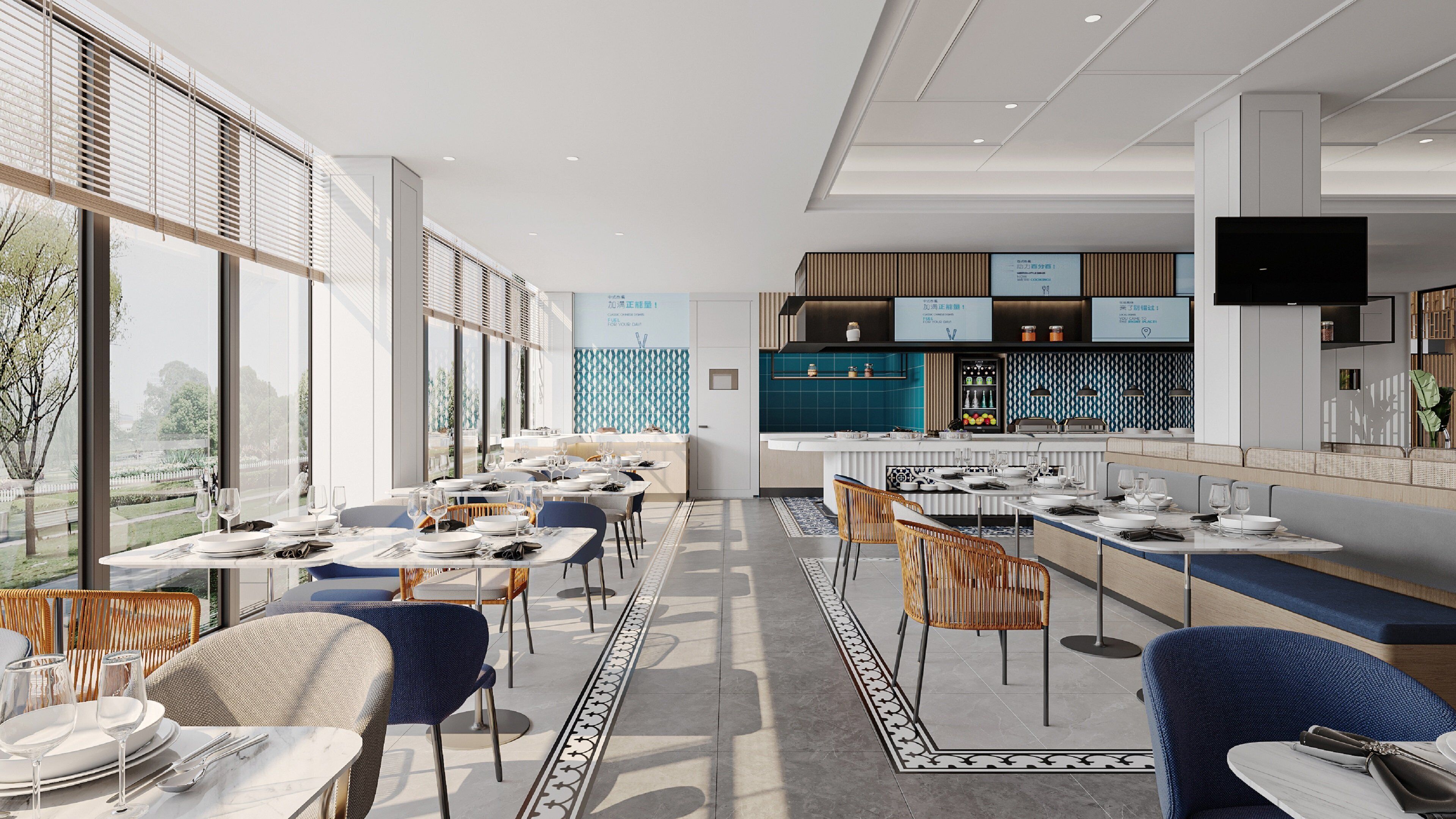 Un restaurante moderno con techos altos, ventanas amplias y una variedad de opciones de asientos, incluyendo mesas y cabinas.