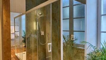 Shower, hair dryer, towels, soap