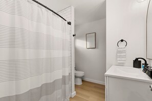 Hair dryer, towels, soap, shampoo